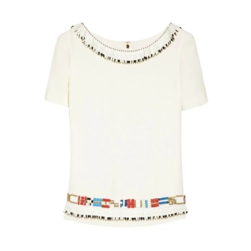 Tory Burch Jace cream blouse with multicolored beads western Aztec vintage Size4 - Picture 7 of 14